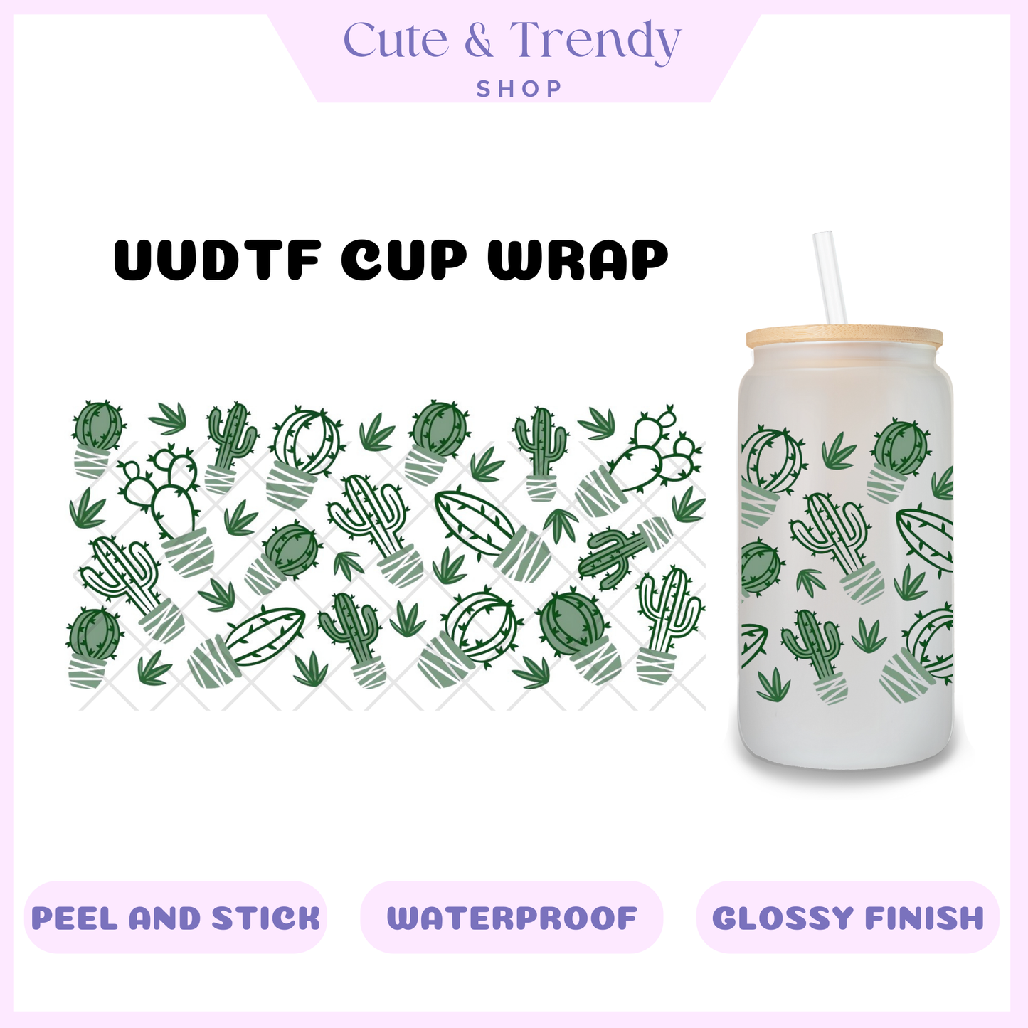 UVDTF cactus doodles cup wrap, permanent, waterproof, easy to apply