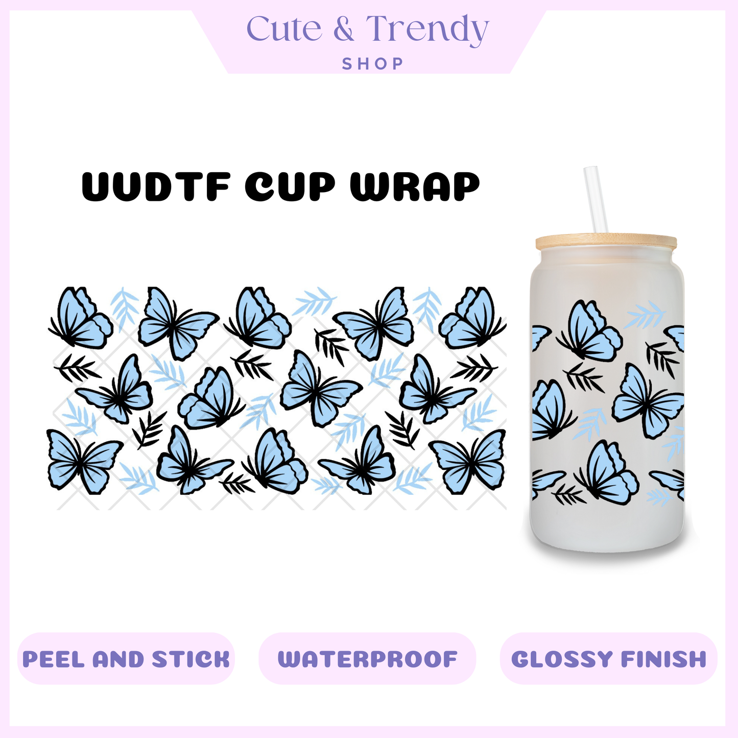Uvdtf blue butterfly diy wrap to personalize cups, permanent, waterproof, easy to apply