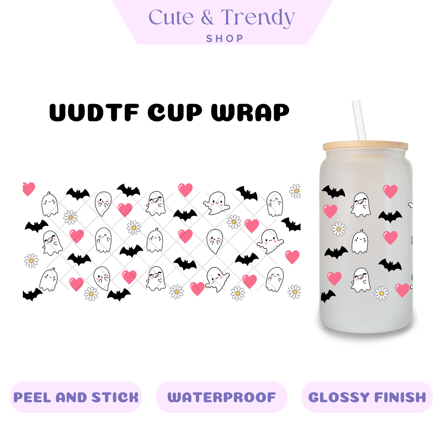 GHOST BATS HEARTS UVDTF Wrap for 16oz Cups