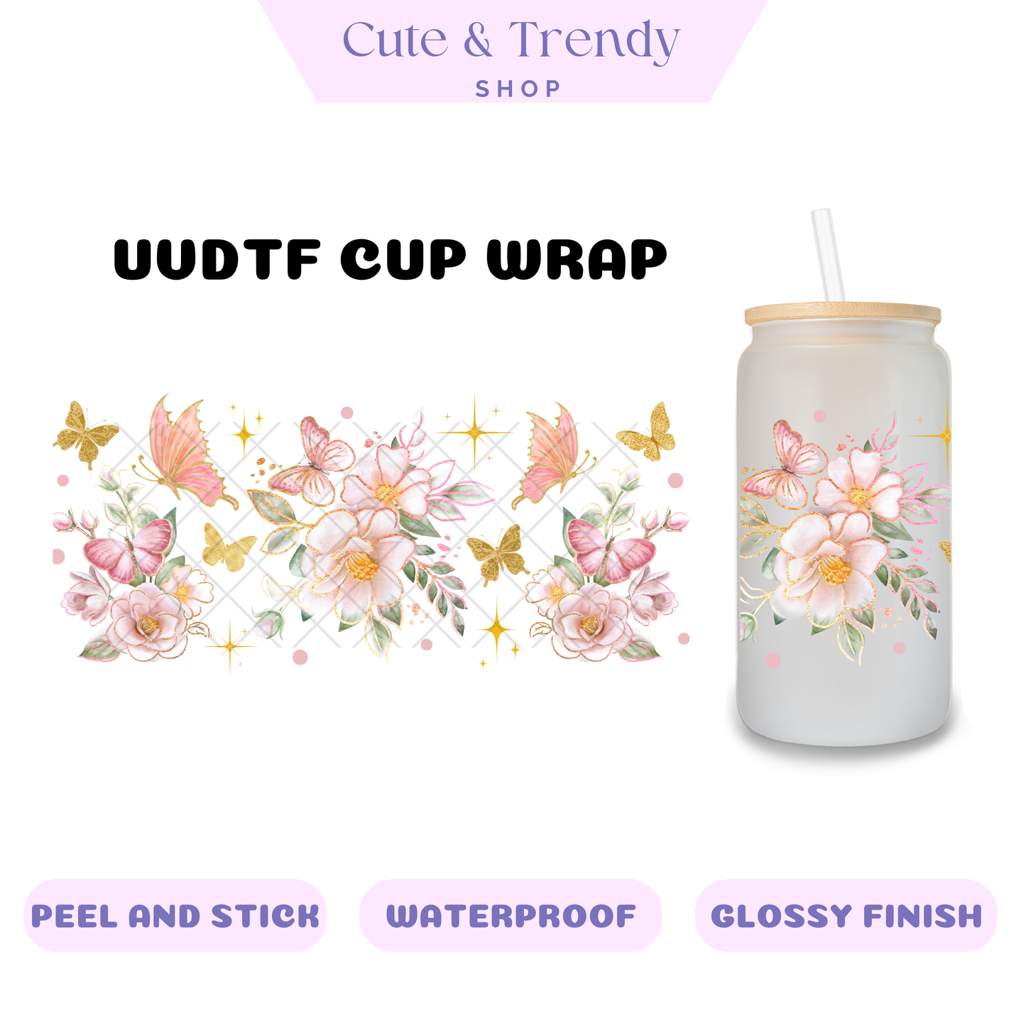 BUTTERFLY PINK FLORAL UVDTF Wrap for 16oz Cups