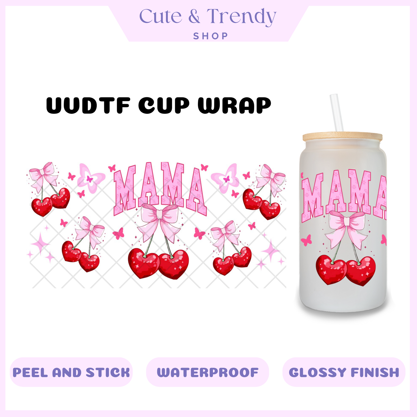 Uvdtf MAMA cherry valentine diy wrap to personalize cups, permanent, waterproof, easy to apply