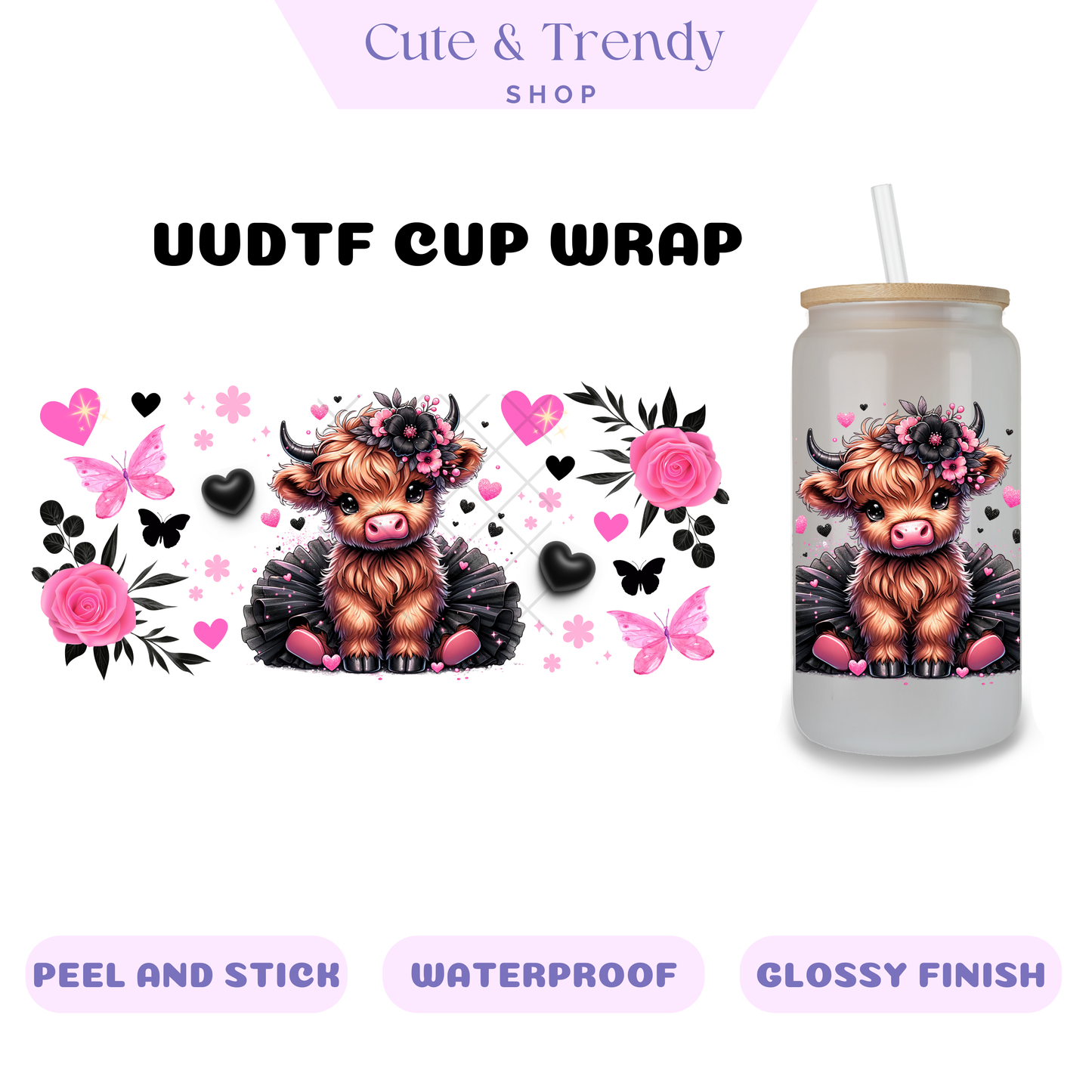 HIghland Pink black Cows permanent uvdtf for 16oz cups