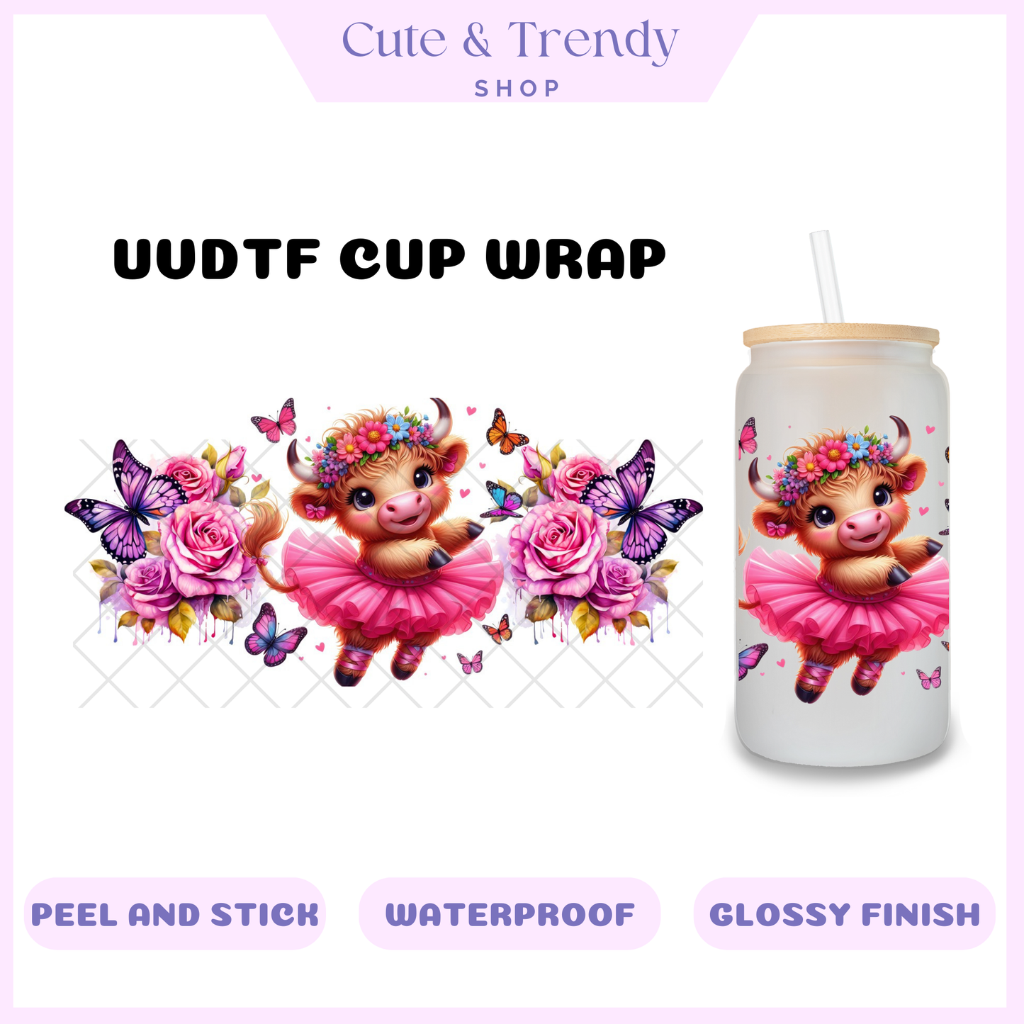 Uvdtf pink purple highland ballerina diy wrap to personalize cups, permanent, waterproof, easy to apply