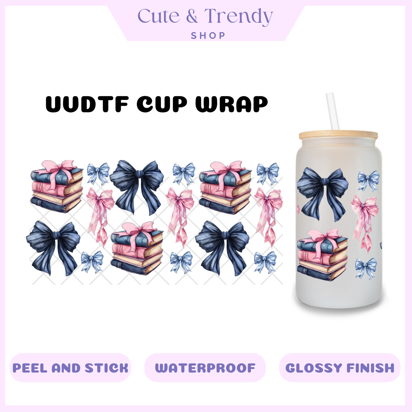UVDTF coquette vintage books cup wrap, permanent, waterproof, easy to apply