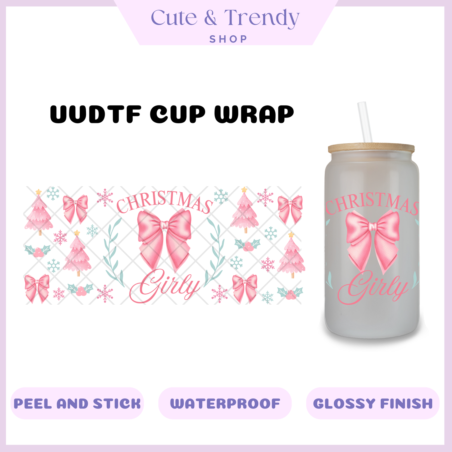 Pink Christmas Girly UVDTF Wrap for 16oz Cups Double Sided
