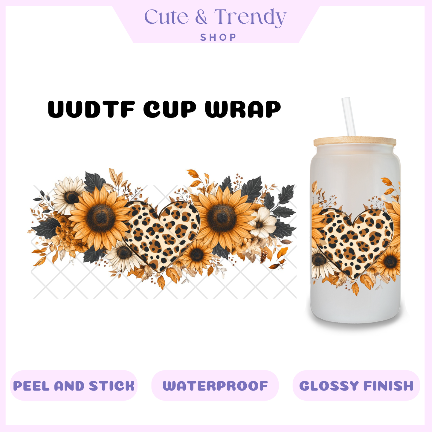 UVDTF Cheetah heart sunflower wrap, permanent, waterproof, easy to apply