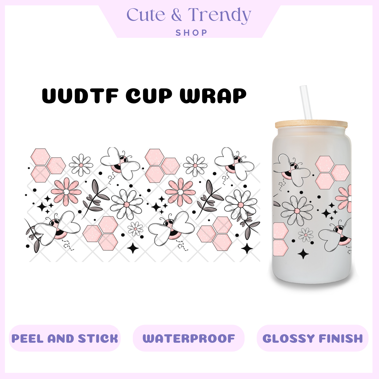 UVDTF pink bee hives cup wrap, permanent, waterproof, easy to apply