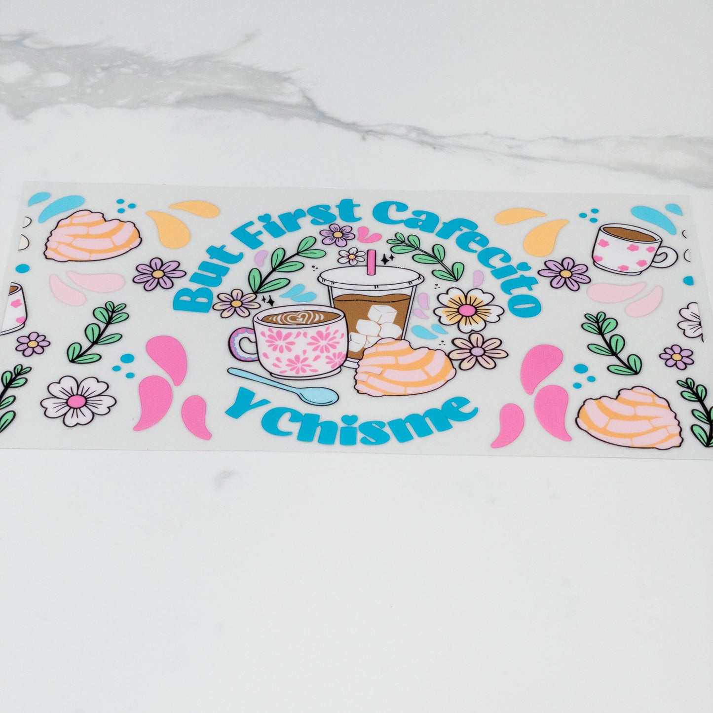 UVDTF first cafecito y chisme cup wrap, permanent, waterproof, easy to apply