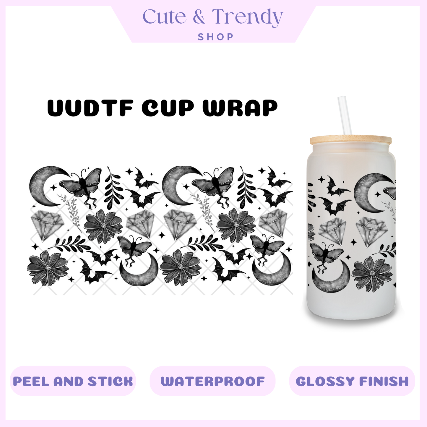 UVDTF black butterfly floral medical wrap to personalize cups, permanent, waterproof, easy to apply
