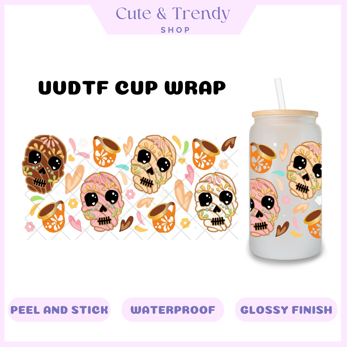 Uvdtf Coffee skull concha diy wrap to personalize cups, permanent, waterproof, easy to apply