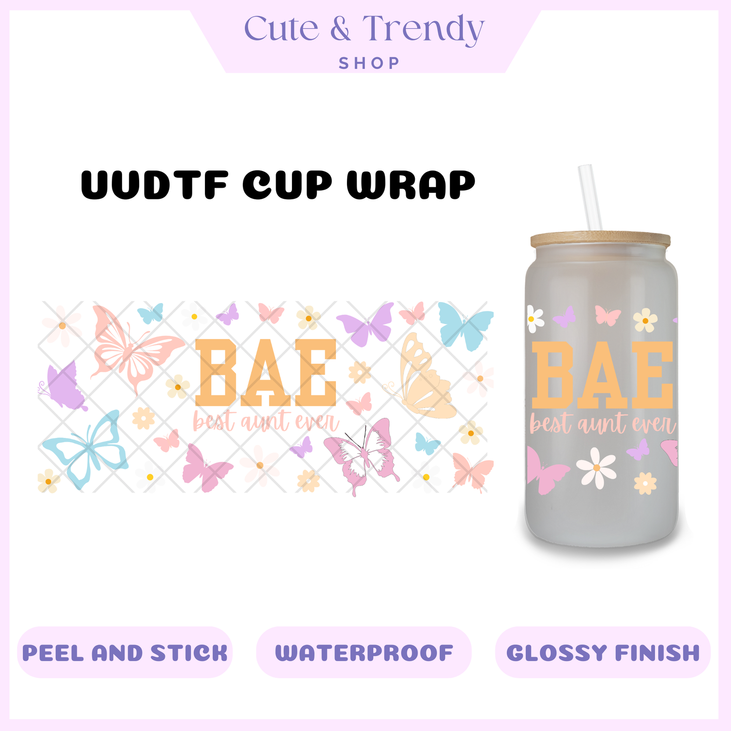 BAE auntie pastel butterfly UVDTF diy cup wrap, permanent sticker, waterproof, easy to apply