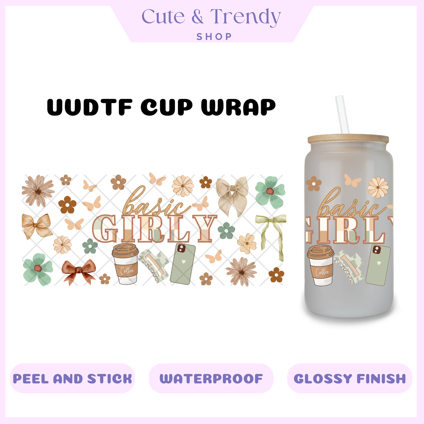 Beige basic girly UVDTF diy cup wrap, permanent sticker, waterproof, easy to apply