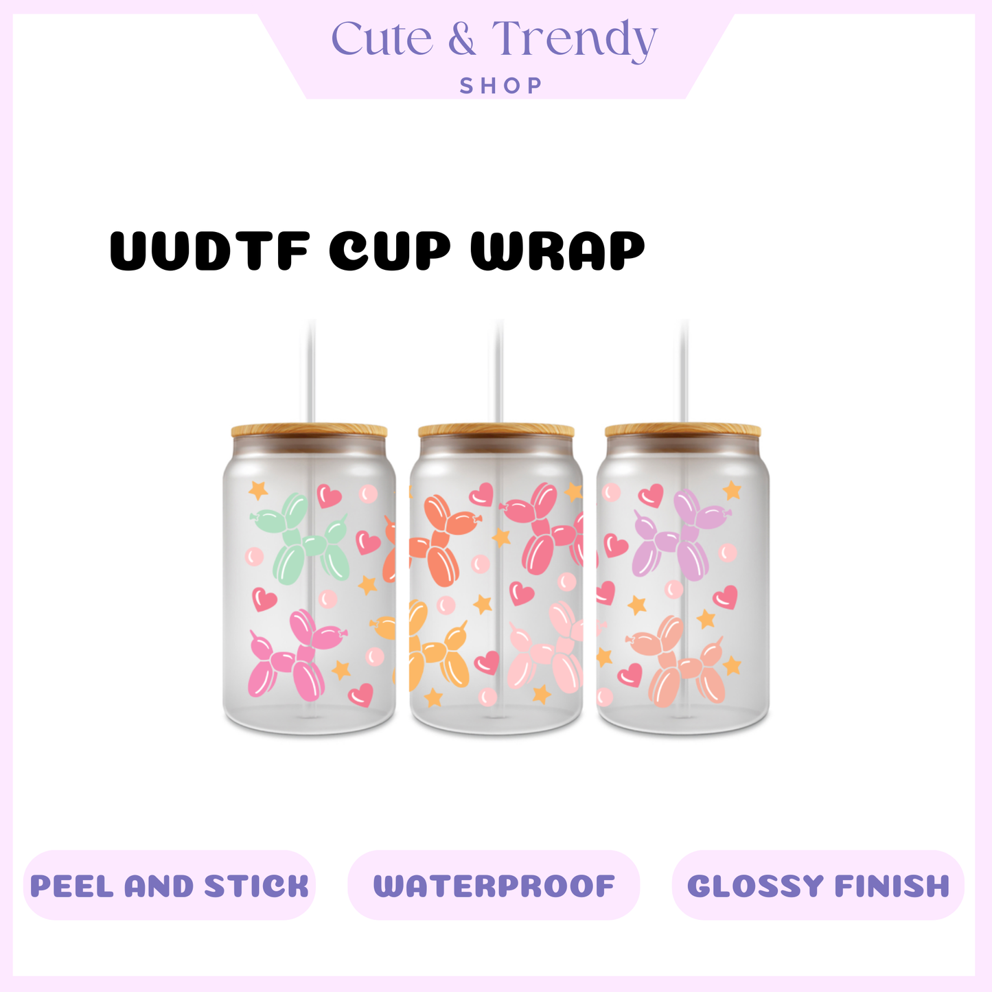 Colored Balloon dogs Hearts UVDTF Wrap for 16oz Cups Double sided