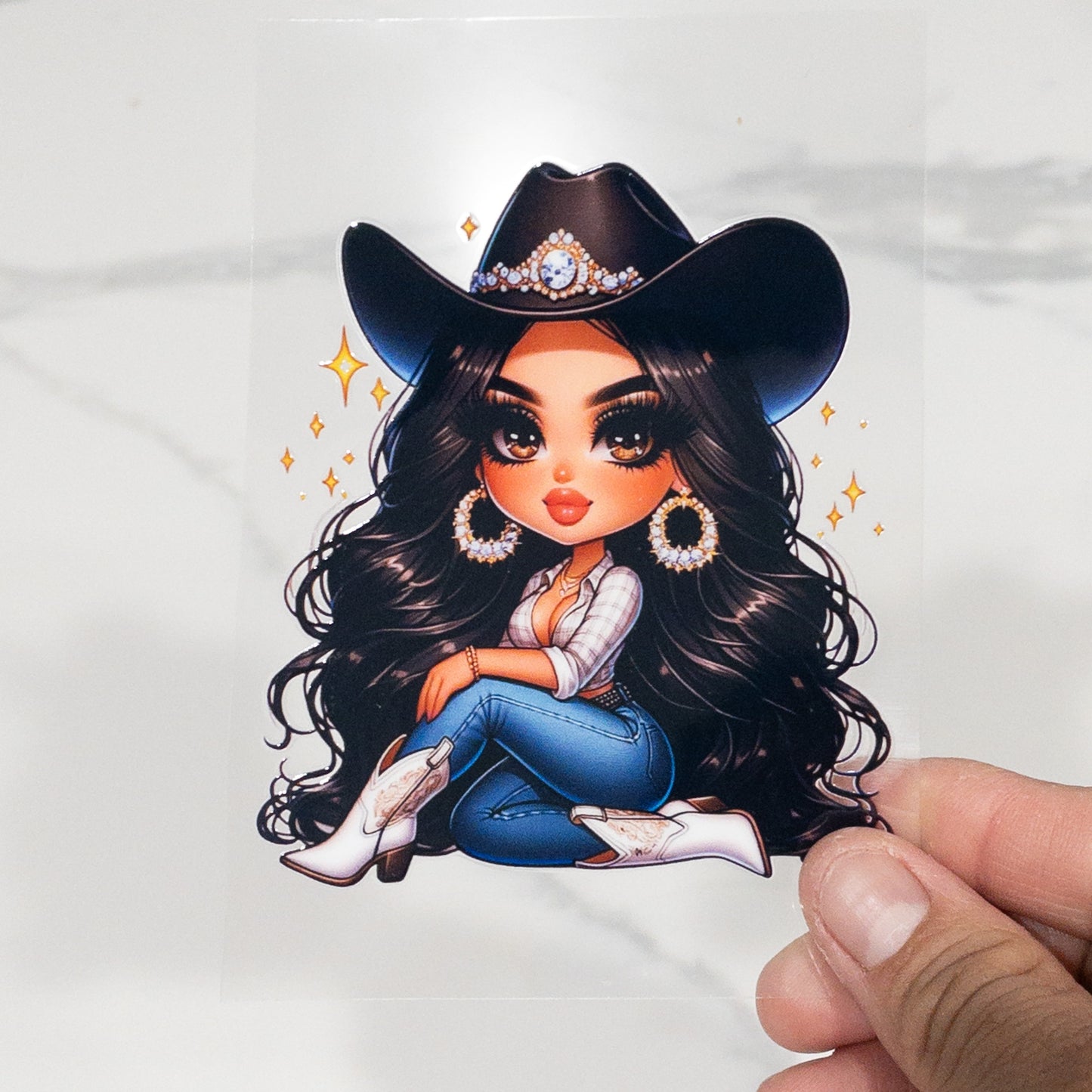 Western COWGIRL BLACK HAIR UV DTF DECAL