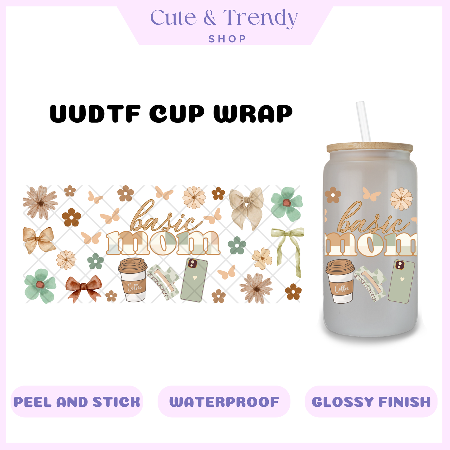 Beige Basic Mom UVDTF diy cup wrap, permanent sticker, waterproof, easy to apply