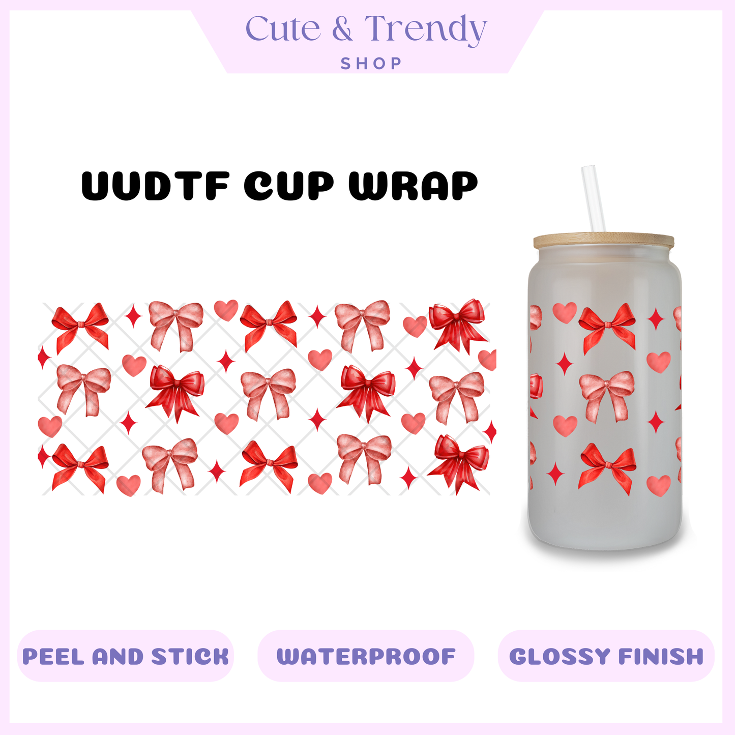 Bows UVDTF Valentines Red Coquette DIY Cup Wrap for Cups, permanent