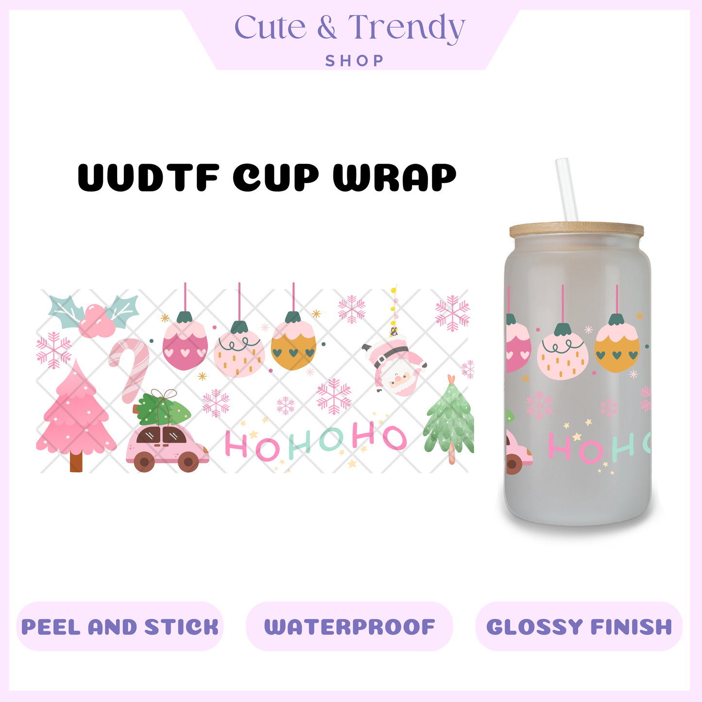 pink christmas hohoho UVDTF Cup Wrap double sided