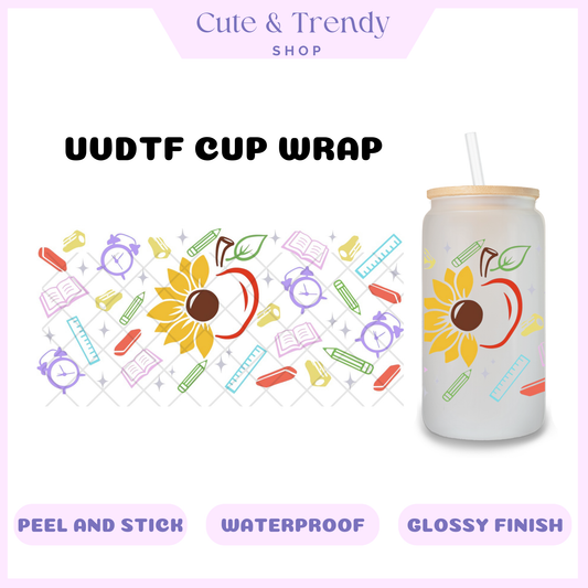 UVDTF Apple sunflower teacher school cup wrap, permanent, waterproof, easy to apply