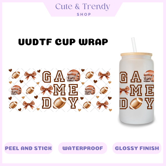 Game Day UVDTF 16 oz cup wrap DIY Coquette Brown Bow