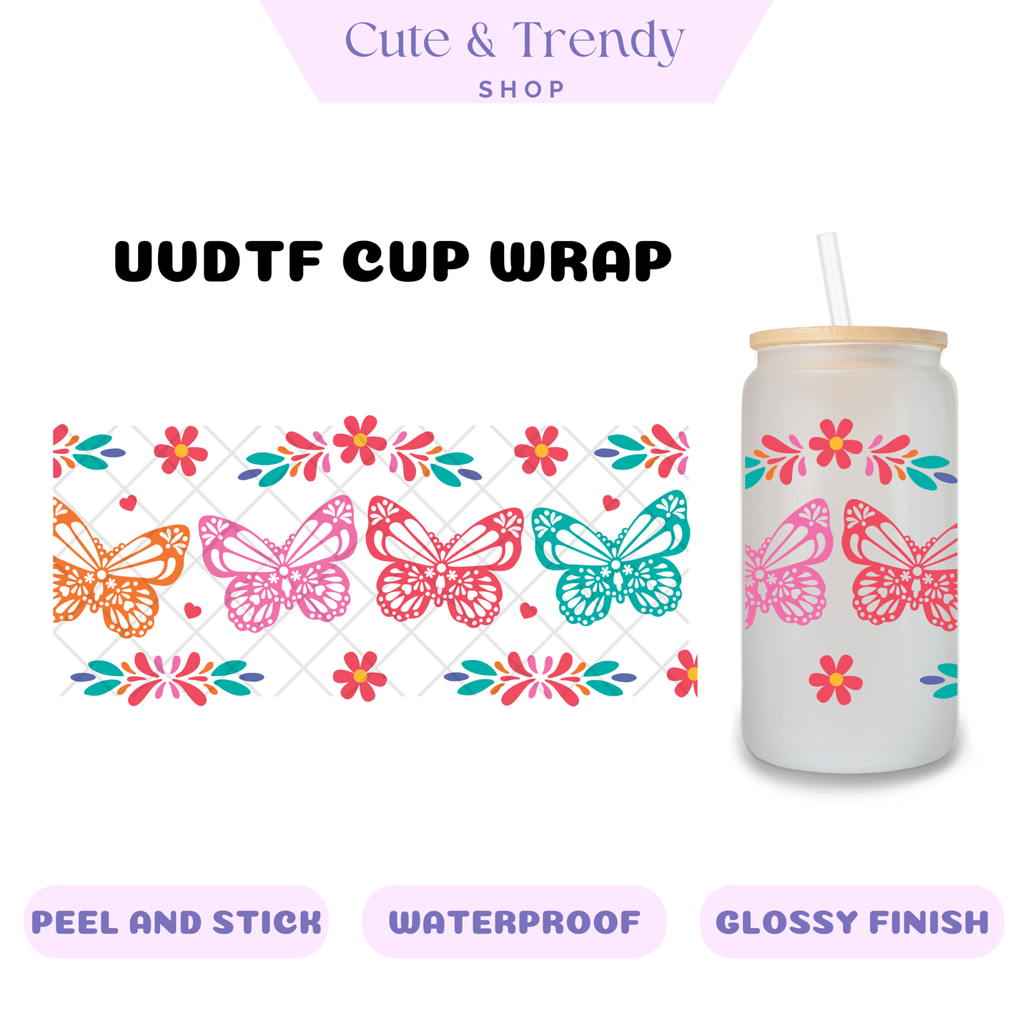 Butterfly Hispanic Papel PicadoUVDTF Wrap for 16oz Cups