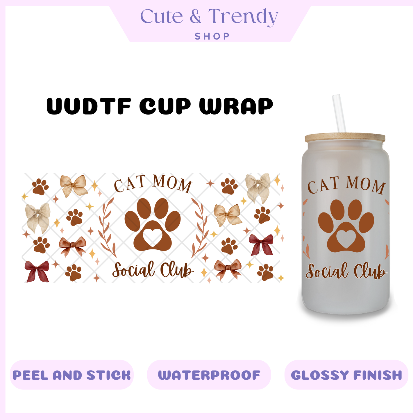 Cat mom brown coquette UVDTF  cup wrap DIY double sided