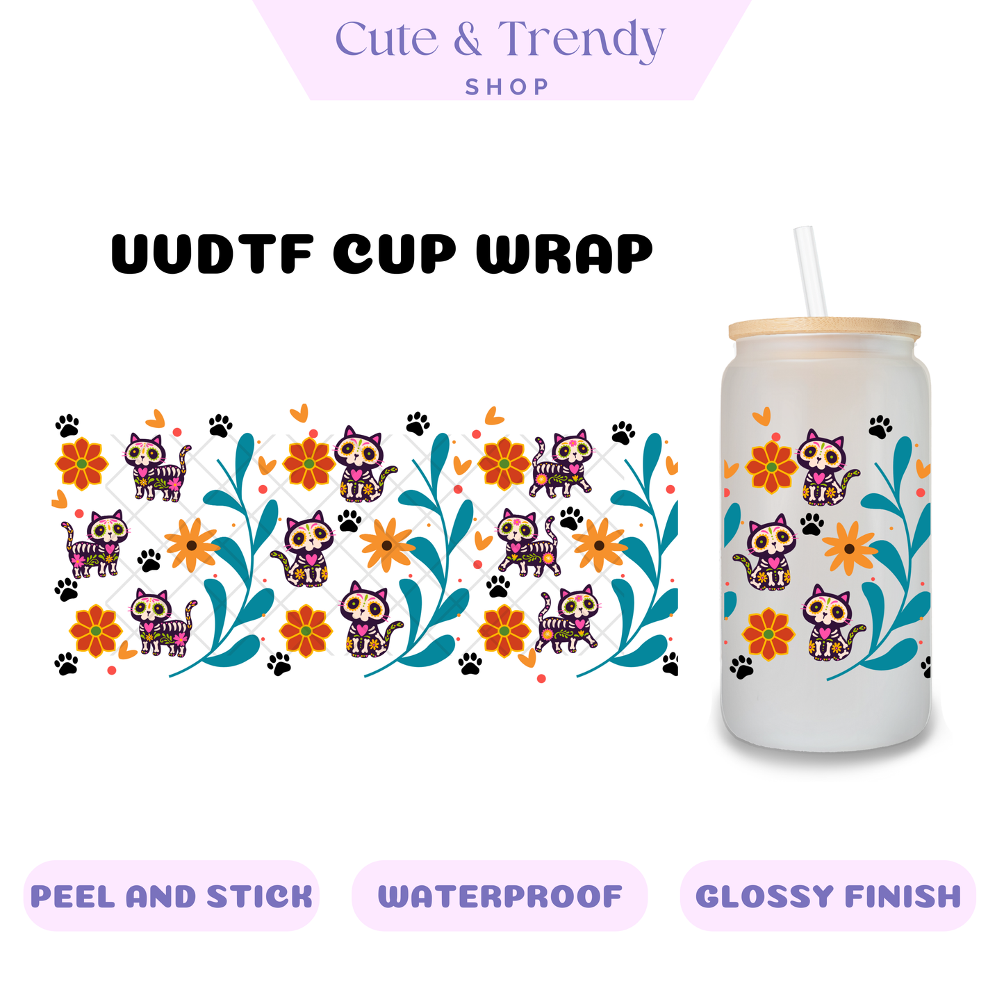 CAT SKELETON UVDTF Wrap for 16oz Cups