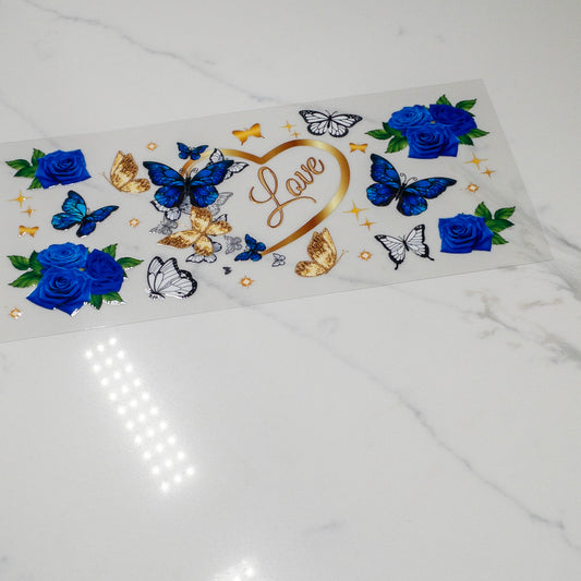 BUTTERFLY gold heart blue roses UVDTF Wrap for 16oz Cups