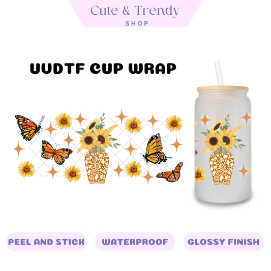 Barro monarch butterflies sunflower UVDTF Wrap for 16oz Cups HISPANIC