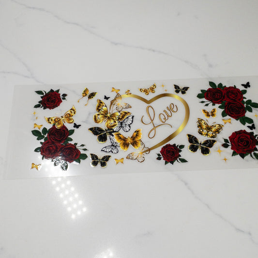 BUTTERFLY GOLD HEART RED ROSES UVDTF Wrap for 16oz Cups