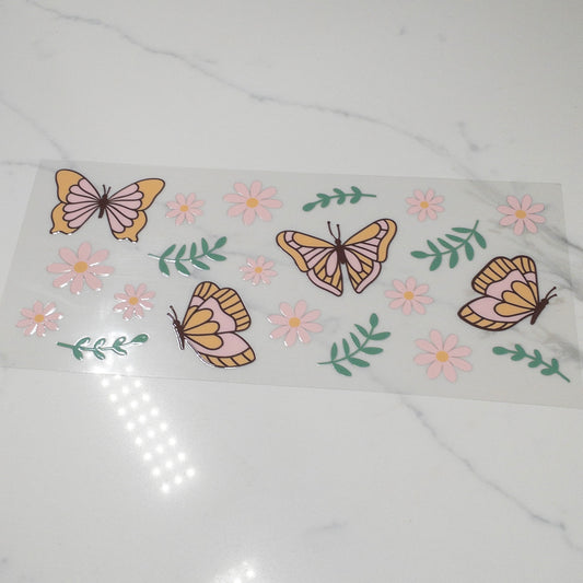 BUTTERFLY BEIGE BUTTERFLIES PINK DAISIES UVDTF Wrap for 16oz Cups