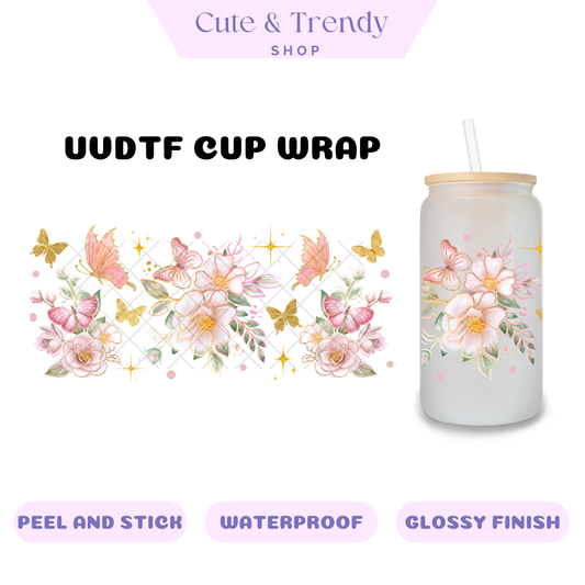 BUTTERFLY PINK FLORAL  UVDTF Wrap for 16oz Cups