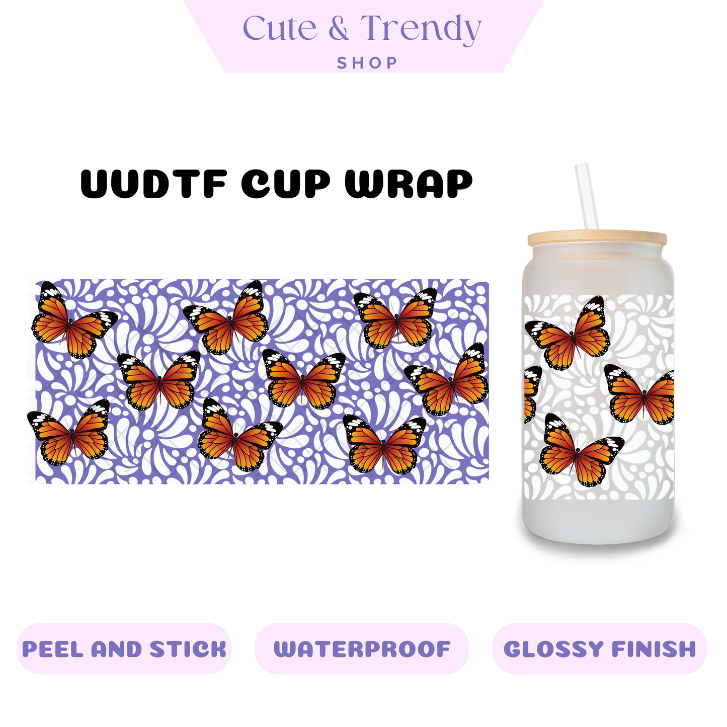 Talavera white butterflies UVDTF Wrap for 16oz Cups HISPANIC