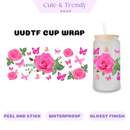 BUTTERFLY PINK ROSE UVDTF Wrap for 16oz Cups