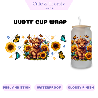 HIghland Cows Blue butterflies permanent uvdtf cup wraps for 16oz cups