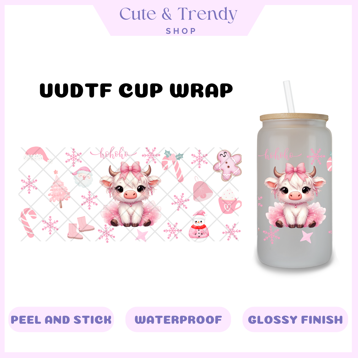 HIGHLAND COW PINK CHRISTMAS UVDTF CUP WRAP FOR 16OZ CUPS