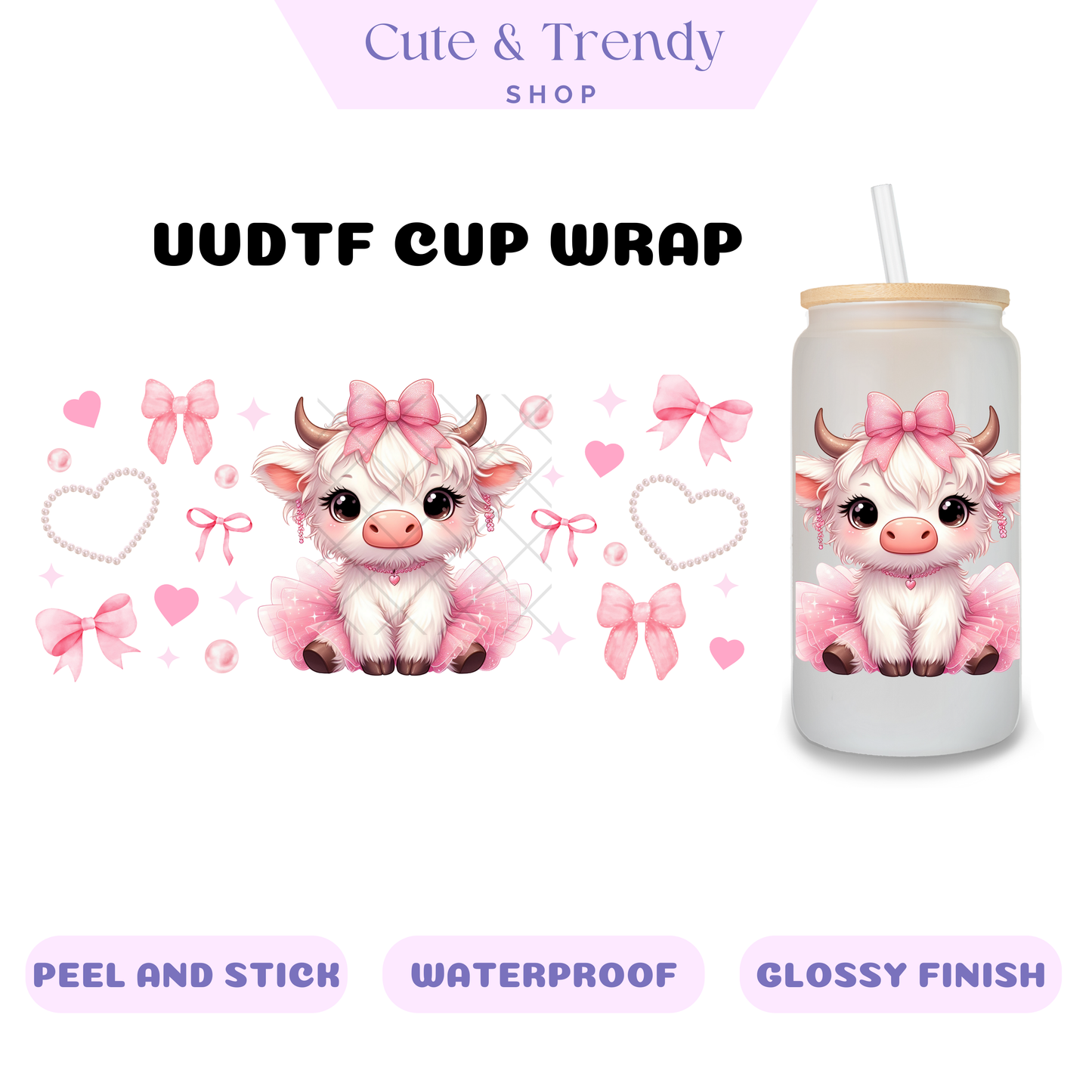 HIghland Cows PINK permanent uvdtf cup wraps for 16oz cups