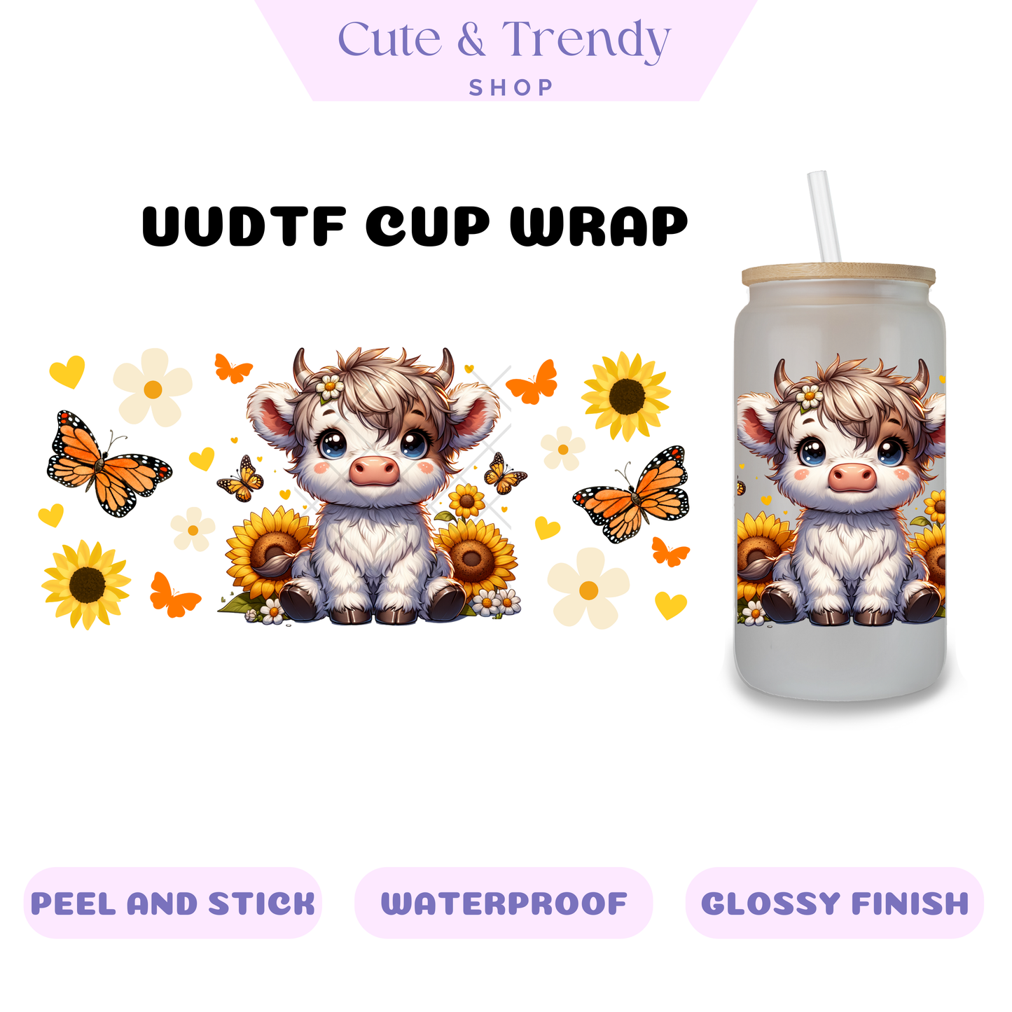 HIghland Cows WHITE permanent uvdtf cup wraps for 16oz cups