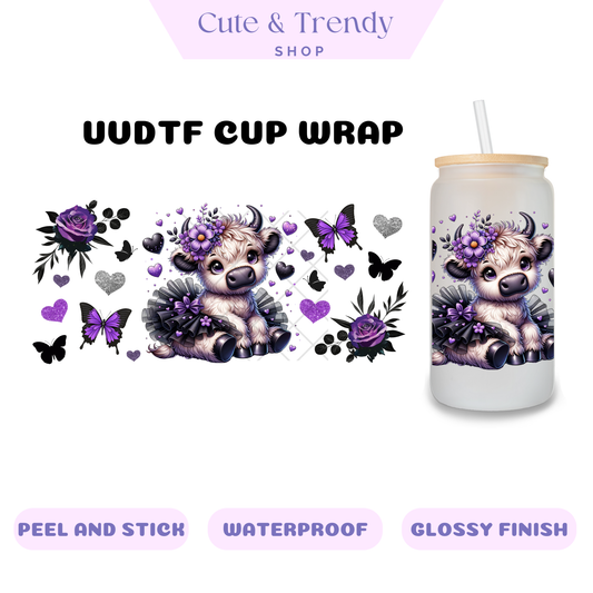 HIghland PURPLE Cows permanent uvdtf cup wraps for 16oz cups