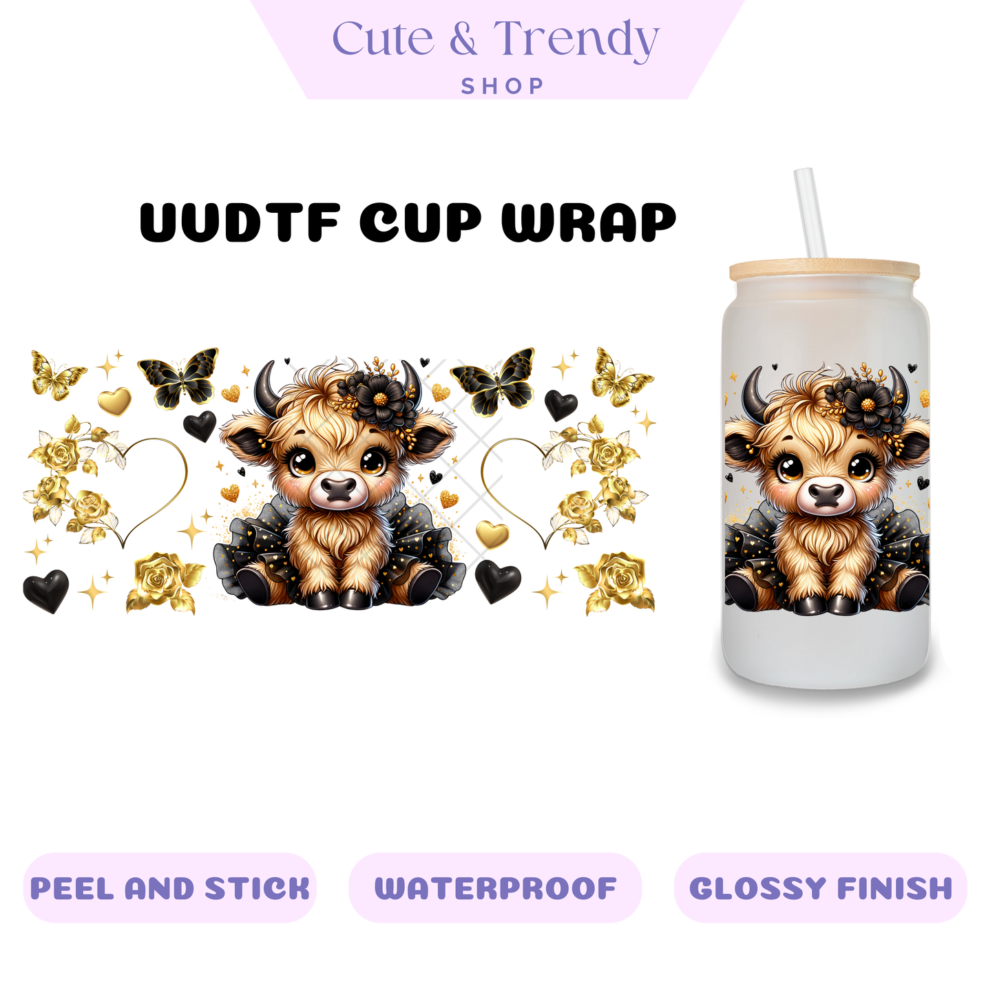 HIghland Cows GOLD BLACK permanent uvdtf cup wraps for 16oz cups