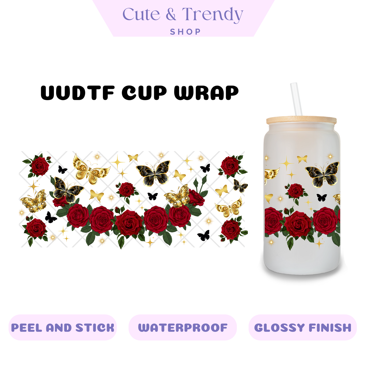 BUTTERFLY  red rose chain UVDTF Wrap for 16oz Cups