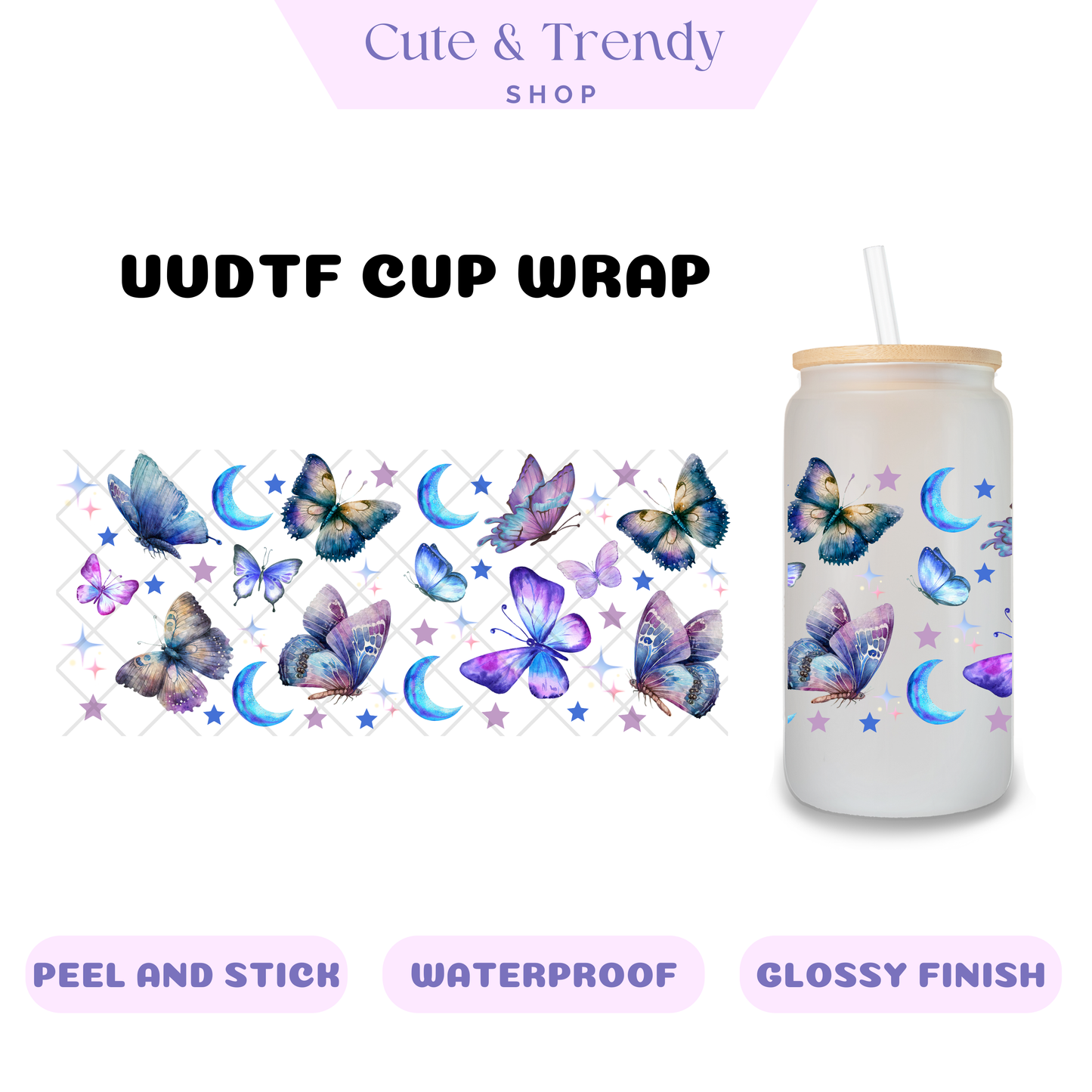 BUTTERFLY  PURPLE BLUE UVDTF Wrap for 16oz Cups