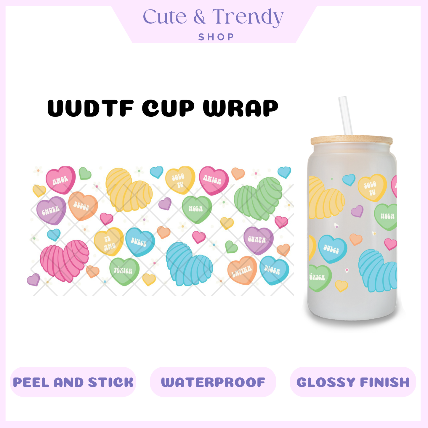 UVDTF DIY Concha heart valentine Wrap to personalize cups, permanent, waterproof, easy to apply