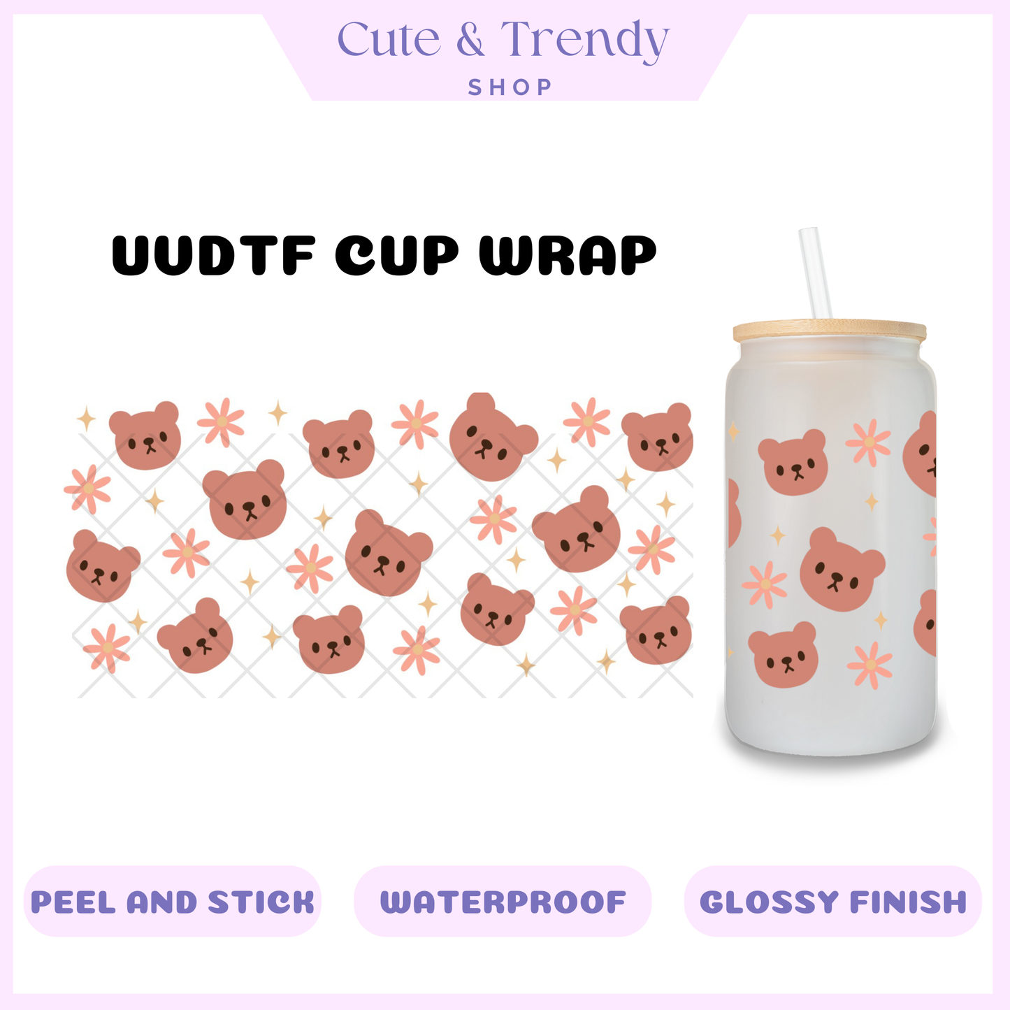 UVDTF bear cup wrap, permanent, waterproof, easy to apply