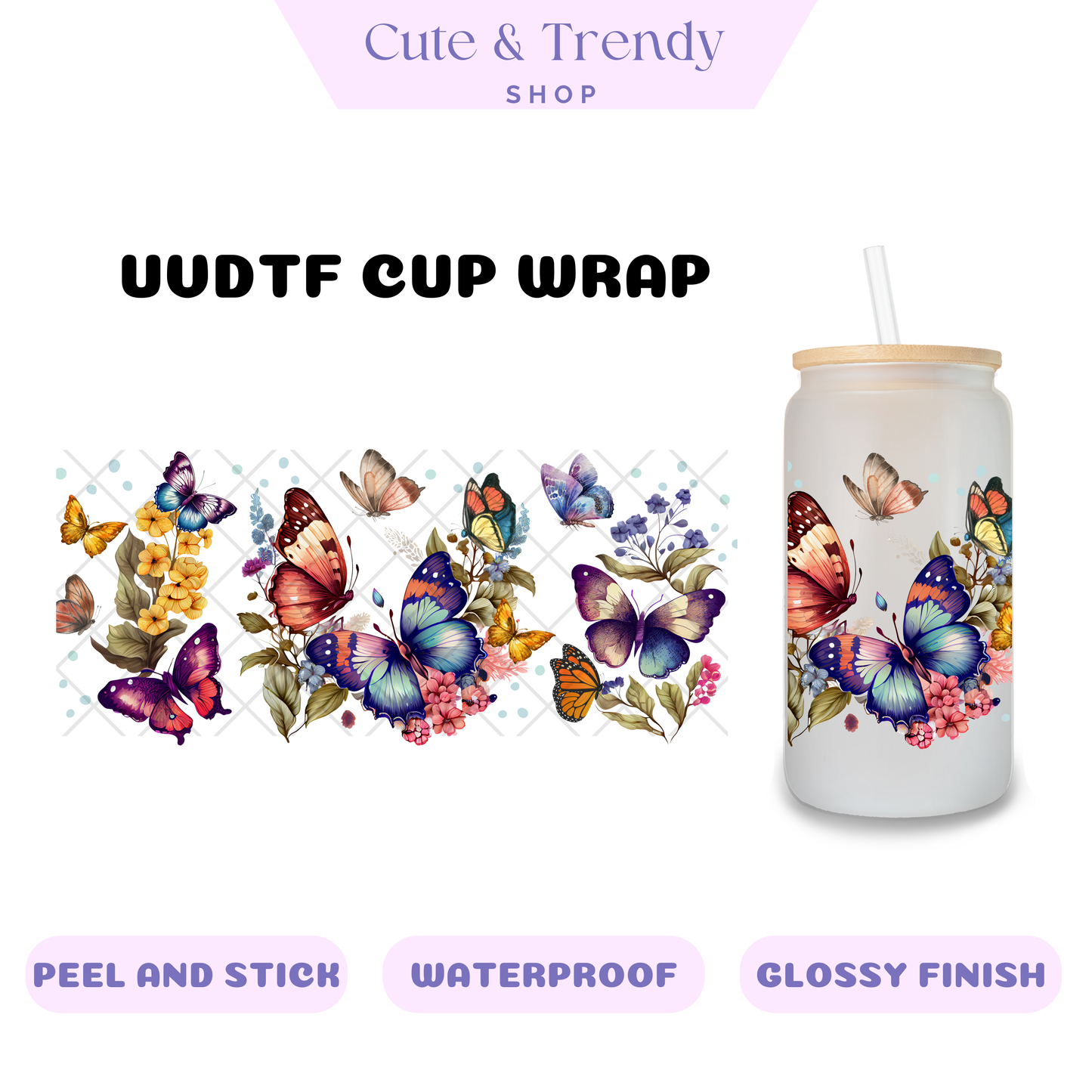 BUTTERFLY VINTAGE FLORAL UVDTF Wrap for 16oz Cups