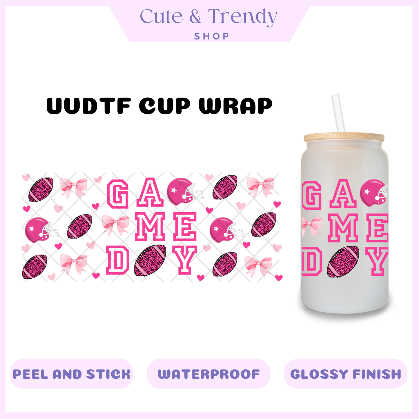 Gameday coquette pink UVDTF Wrap for 16oz Cups Double Sided