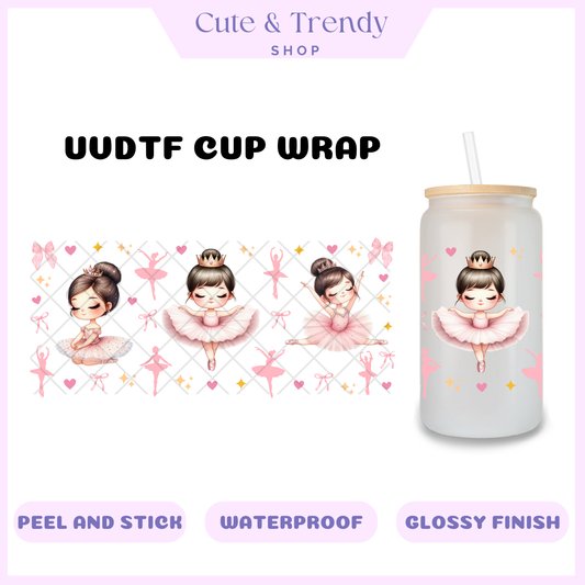 Brown Hair Ballerina Pink Tutu UVDTF Wrap for 16oz Cups Double Sided