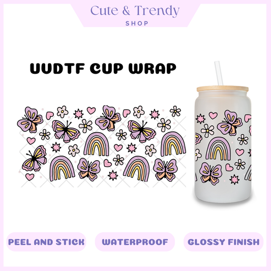 UVDTF butterfly rainbow floral cup wrap, permanent, waterproof, easy to apply