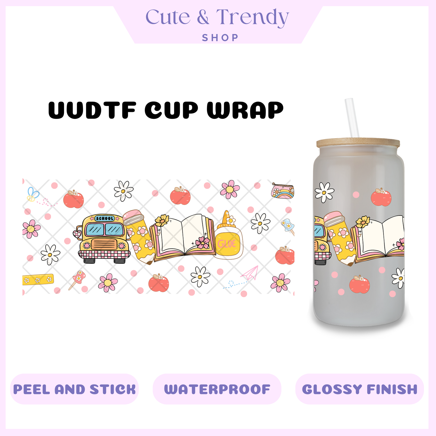 Girly School Bus UVDTF for 16oz Cups Double Sided