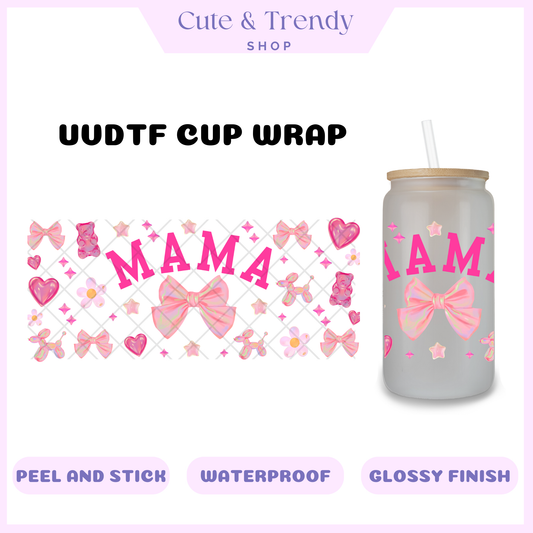 Pink coquette mom UVDTF diy cup wrap, permanent sticker, waterproof, easy to apply