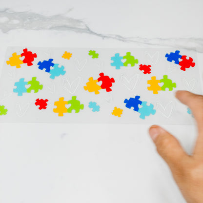 UVDTF  autism puzzle cup wrap, permanent, waterproof, easy to apply